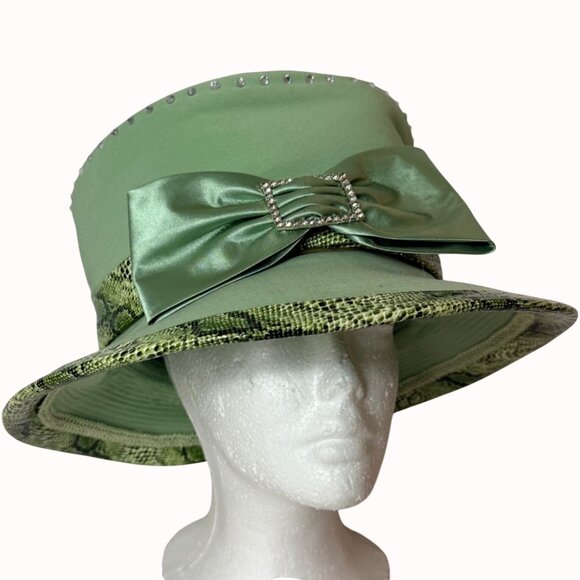 Lisa Rene Green Church Hat VTG Satin Wide Brim Derby Statement Fashion Headpiece main image 10